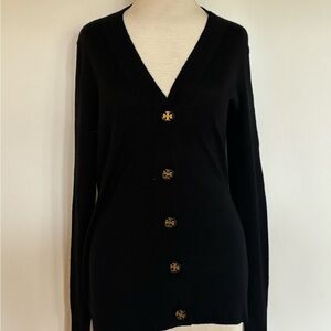 Tory Burch Black V-Neck Cardigan with Gold Logo Buttons